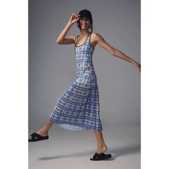 Anthropologie Dhruv Kapoor Plaid Mesh Midi Dress in Blue Size S - Picture 2 of 14